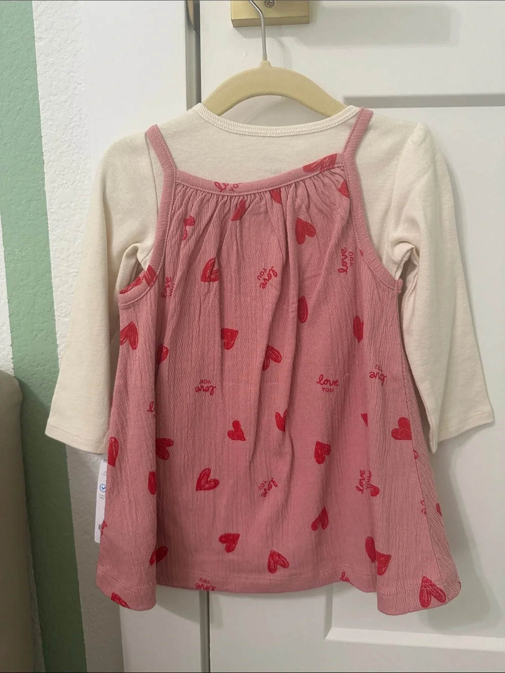 Carter's Pink Sleeveless Heart Dress with Cream Long-Sleeve Top